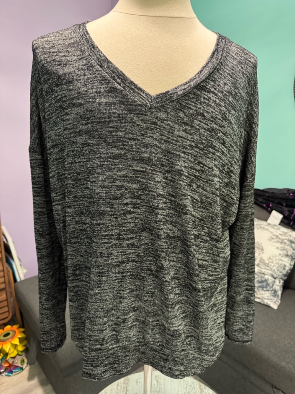 Joan Vass Charcoal Gray Marled V-Neck Tunic Top